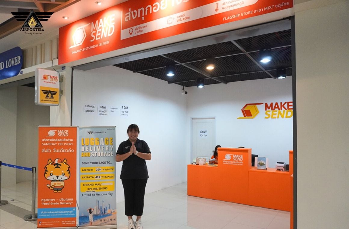 The AIRPORTELs luggage counter inside MIXT Chatuchak, with its price board and staff
